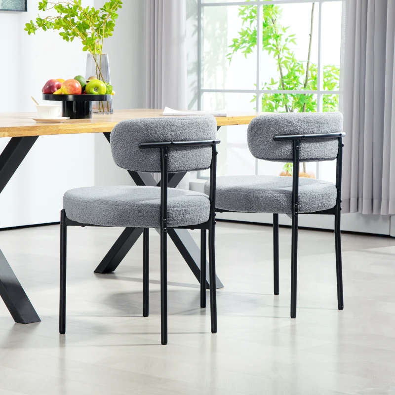 HOMCOM 2 Pieces Kitchen Chairs, Modern Dining Chairs w/ Berber Fleece Upholstery and Steel Legs for Living Room, Grey