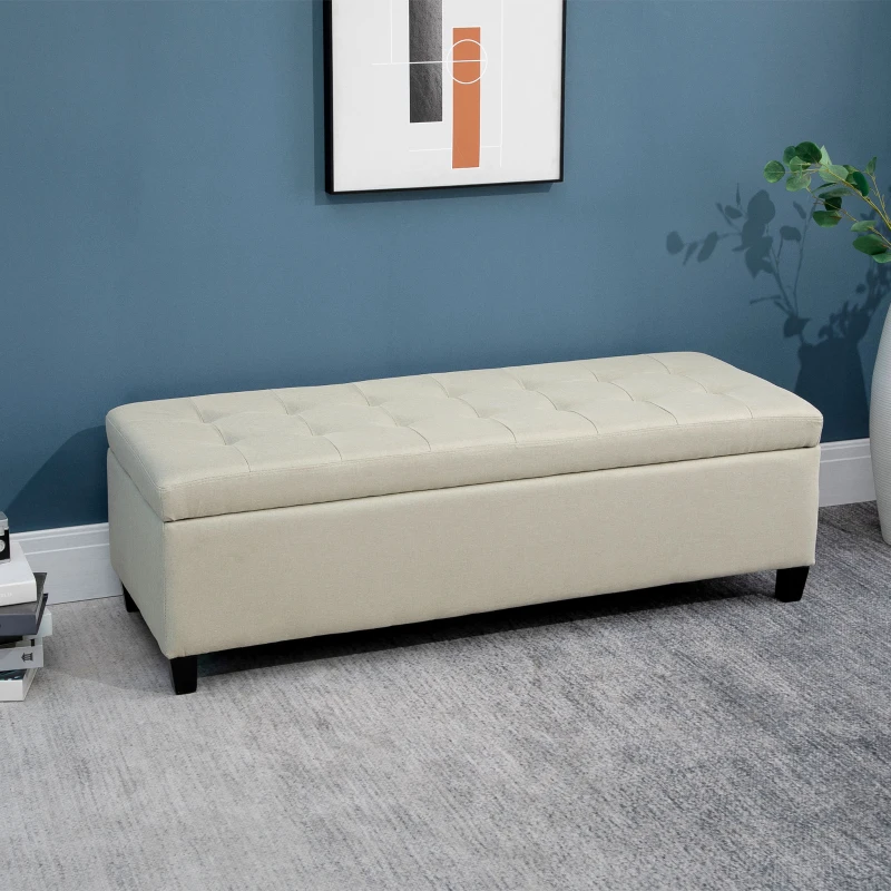 HOMCOM 51" Ottoman Storage Bench, Linen Fabric Storage Chest with Lift Top, Tufted Ottoman with Storage for Living Room, Entryway, Bedroom, Beige