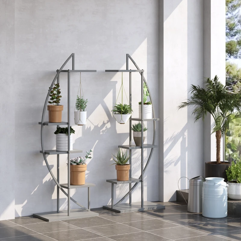 Outsunny 5 Tier Metal Plant Stand, Flower Pot Display Shelf with Hangers, Tall Plant Stand Indoor, Half Moon Shape, for Living Room Patio Garden Balcony Decor, Gray