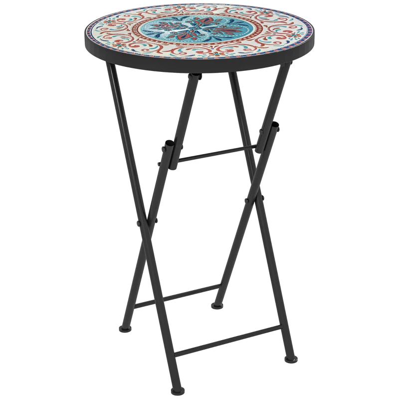 Outsunny Mosaic Outdoor Patio Side Table, 14" Round Folding Outdoor Coffee Table with Steel Frame for Balcony Deck Patio Terrace, Mixed Colour