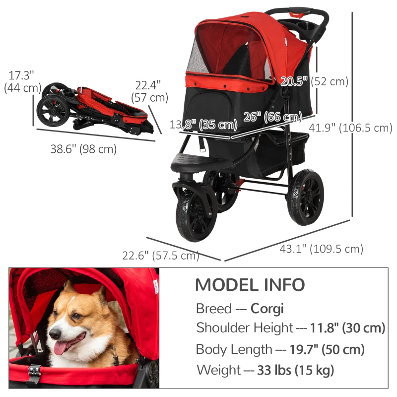 PawHut 3 Wheel Folding Dog Stroller, Travel Carrier with Adjustable Canopy, Storage Brake, Mesh Window for S&M Dogs, Red