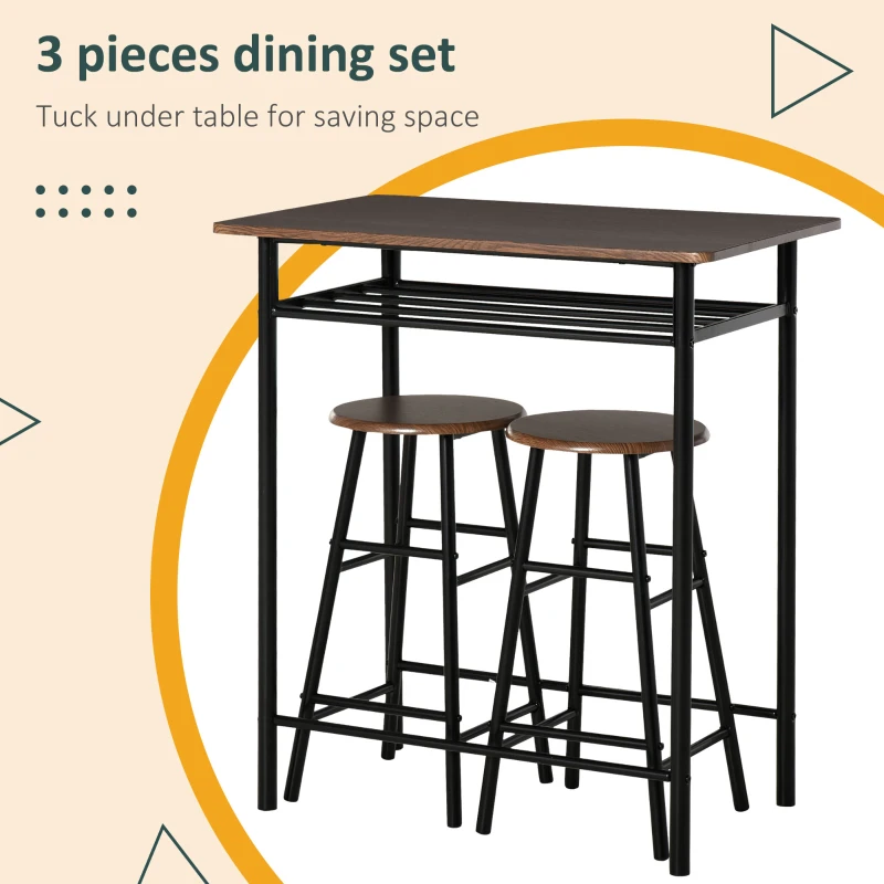 HOMCOM 3 Piece Counter Height Bar Table and Chairs Set, Space Saving Dining Table with 2 Matching Stools, Storage Shelf Metal Frame Footrest, Black, Brown