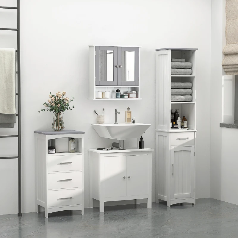 kleankin 3-Piece Bathroom Furniture Set, Tall and Small Floor Cabinets, Wall Mount Medicine Cabinet with Mirror, Narrow Bathroom Storage Cabinet with Drawers and Shelves, White