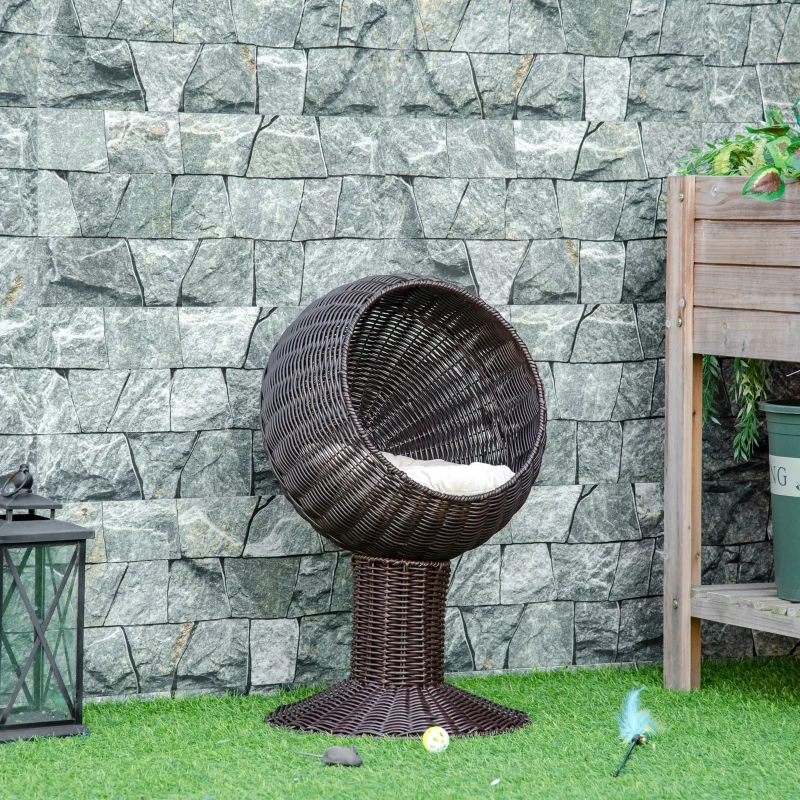 PawHut Elevated Cat Bed with Rotatable Egg Chair Pod, Cat Basket Bed with Thick Cushion, Natural Mat Grass Woven Kitty House, Coffee