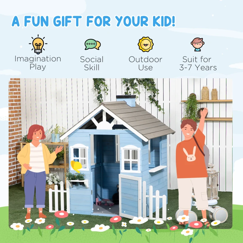 Outsunny Wooden Playhouse for Kids Outdoor with Flower Pot Holders, Door, Windows, Service Stations for 3-7 Years, Blue