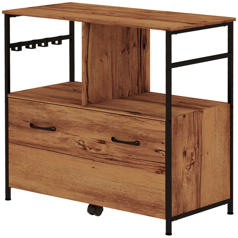Vinsetto Vertical Filing Cabinet, File Cabinet with Hanging Bars for A4/Letter/Legal Size, Drawer, 2 Open Shelves and 8 Hooks, Industrial Printer Stand for Home Office, Rustic Brown