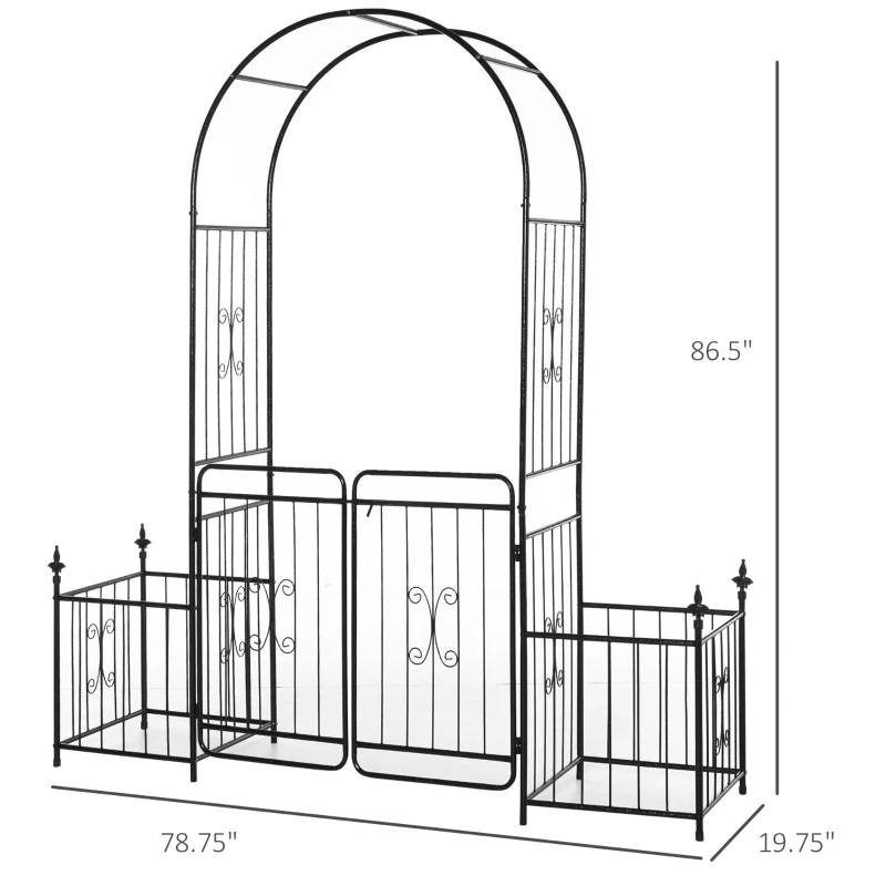Outsunny 86" Garden Arch Arbor, Metal Arch Trellis with Gate and Planter Baskets, Garden Archway for Climbing Vines, Wedding Ceremony Decoration, Flourishes & Arrow Tips, Black