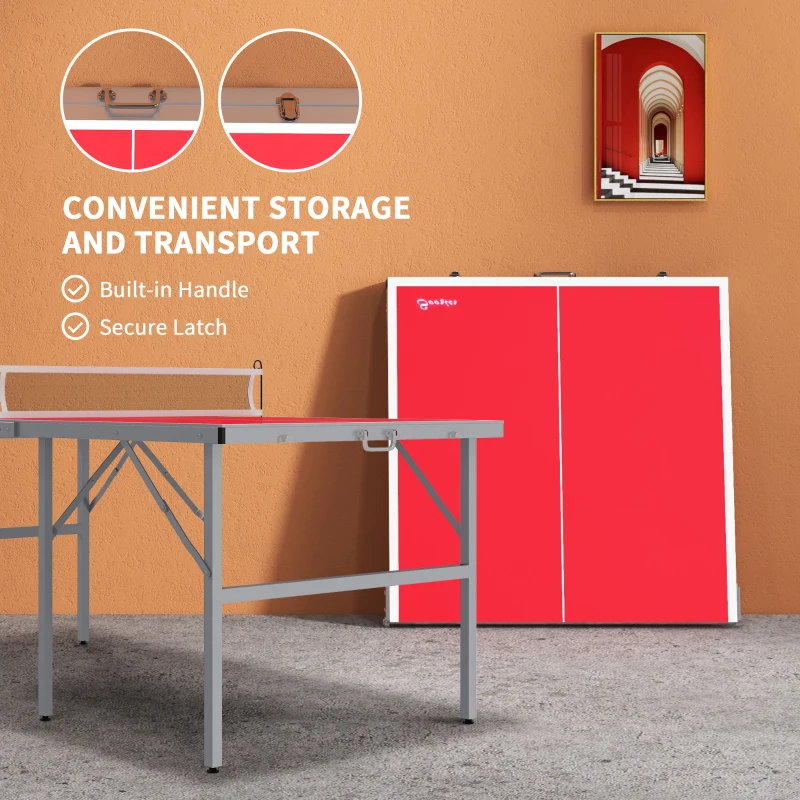 Soozier Portable Ping Pong Table Set, Foldable Table Tennis Table with Net, 2 Paddles, 3 Balls for Outdoor Indoor, Red
