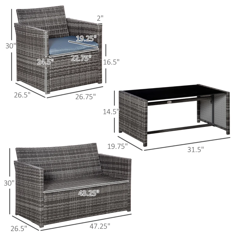 Outsunny 4 Pieces Patio Furniture Set with Cushions, Outdoor PE Rattan Wicker Conversation Garden Sofa Set with 2-Seater Chairs & Glass Coffee Table, Grey