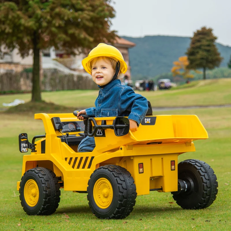 Qaba Caterpillar Licensed 12V Electric Ride on Excavator w/ Remote, Bucket, Shovel, Music, Loudspeaker for Ages 3-6, Yellow