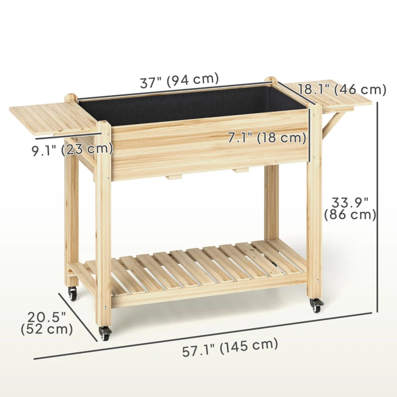 Outsunny Raised Garden Bed, Wood Planter Box with Lockable Wheels, Side Tables, Bottom Shelf, Bed Liner, Drain Holes, Natural