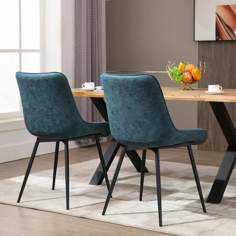 HOMCOM Dining Chairs Set of 2, PU Upholstered Accent Chairs with Metal Legs for Kitchen, Blue