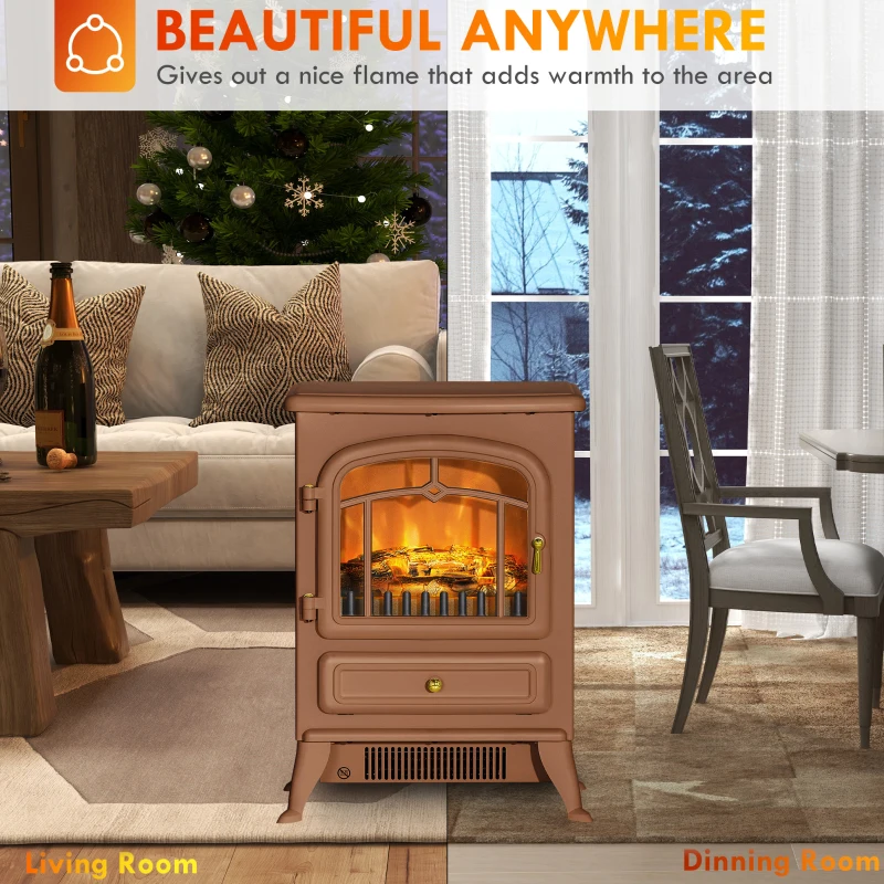 HOMCOM Fireplace Stove, Electric Fireplace Heater with Realistic LED Flames and Logs, 725W/1450W, Dark Brown