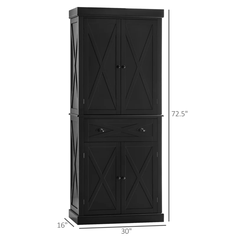 HOMCOM 72" Kitchen Pantry Storage Cabinet, Traditional Freestanding Cupboard with 4 Doors and 2 Adjustable Shelves, Large Central Drawer, X-Frame, Black