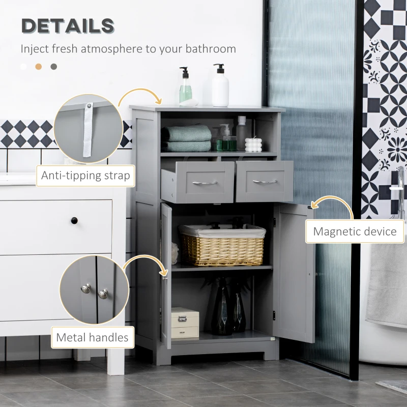 kleankin Bathroom Cabinet Organizer, Freestanding Small Storage Cabinet with Two Drawers and Adjustable Shelf for Living Room, or Entryway, Grey