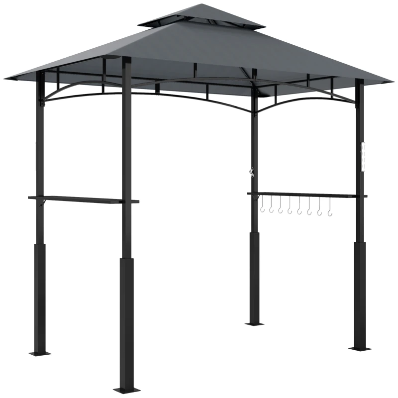 Outsunny 8' x 5' Grill Gazebo, Double Tiered BBQ Gazebo with LED Light, 2 Side Shelves, Hooks and Bottle Opener, Dark Grey