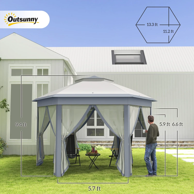 Outsunny 13' x 13' Pop Up Gazebo Hexagonal Canopy Shelter with 6 Zippered Mesh Netting for Patio Backyard Garden Wedding Party