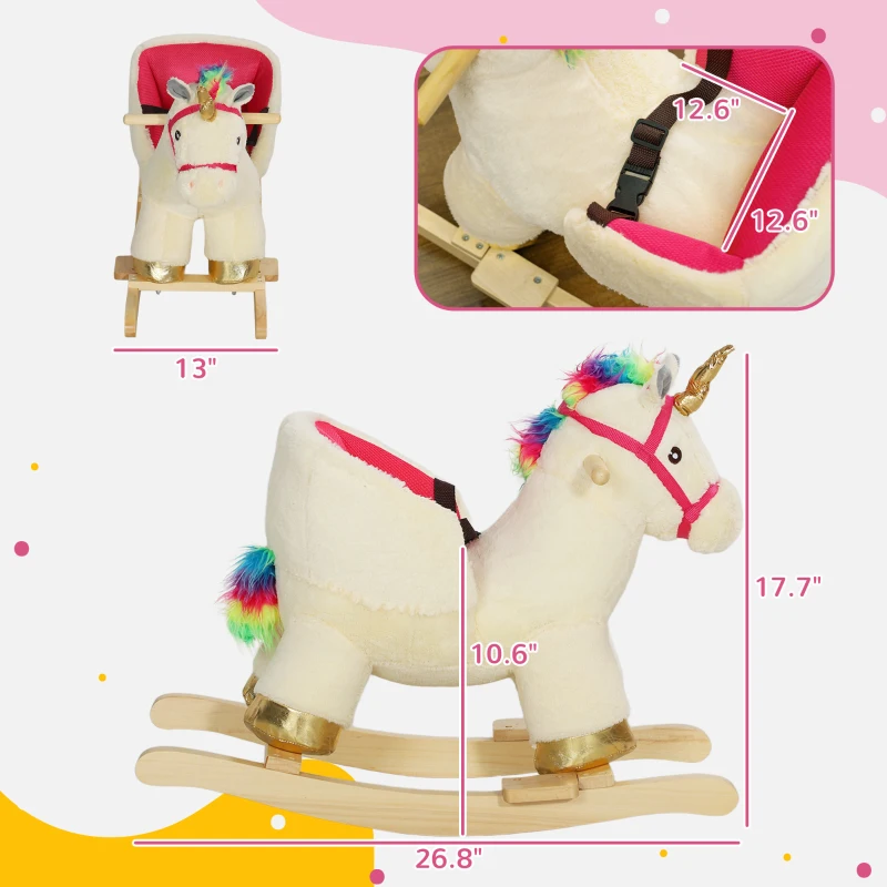 Qaba Kids Rocking Horse, Unicorn with Realistic Sound, Safety Belt & Wooden Base for 18-36 Months