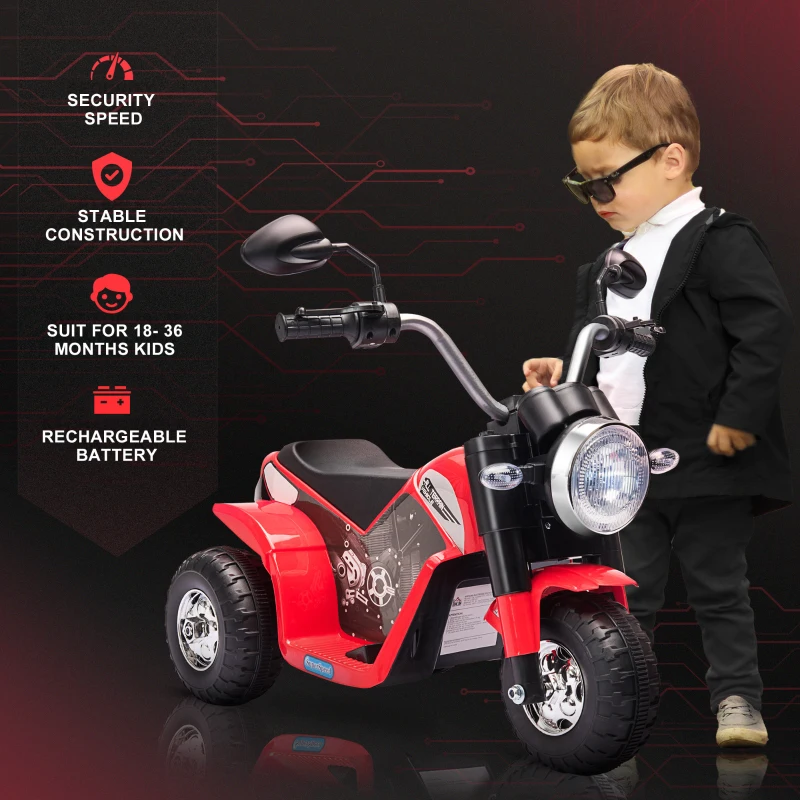 Aosom Electric Motorcycle for Kids, 6V Battery Powered Ride-On Dirt Bike 3-Wheels Motorbike with Horn Headlights Realistic Sounds Speed for 18 - 36 Months Red