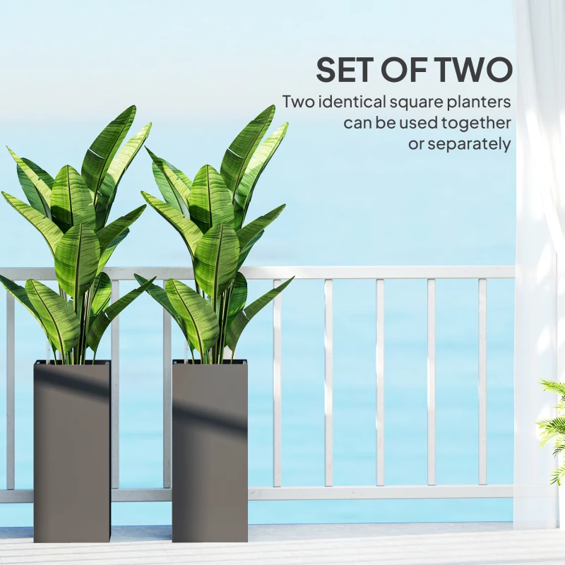 Outsunny 2 Pack Planter Box, 26 Inch Plastic Flower Pots with Water Level Indicator, Drainage Hole and Drain Plug, Dark Grey