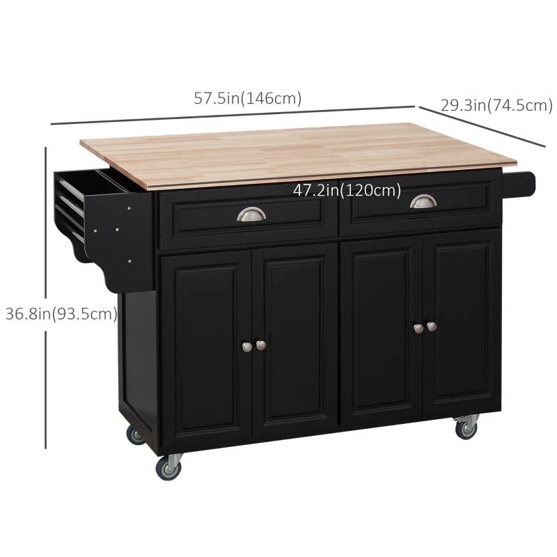 HOMCOM Kitchen Island with Storage, Rolling Kitchen Island with Drop Leaf, Rubber Wood Top and Adjustable Shelves, Black