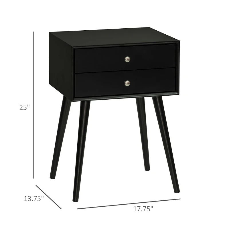 HOMCOM Side Table, Modern End Table with 2 Pull Out Drawers, Side Table with Display Tabletop and Solid Acacia Legs, Black