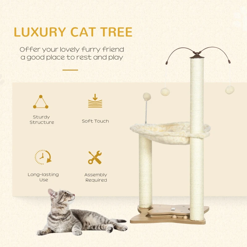 PawHut Small Cat Tree Hammock with Scratching Posts, Elevated Cat Bed with Ball Toys, Cat Hammock Stand for Indoor Cats