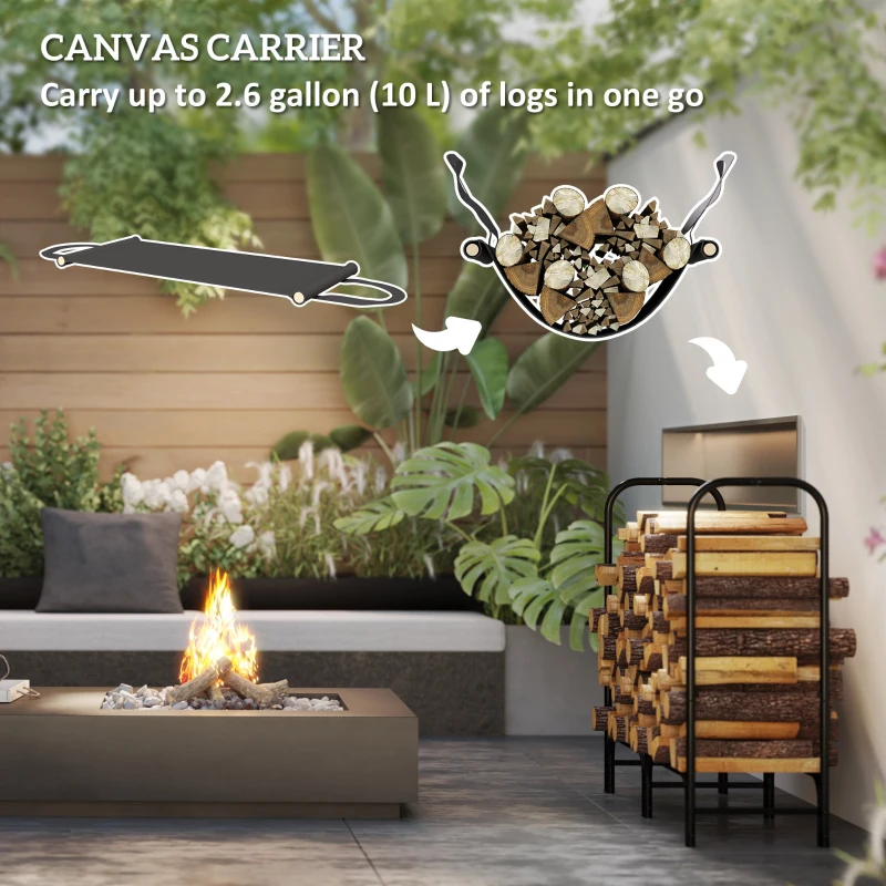 Outsunny 4ft Outdoor Firewood Rack with Cover and Carrier, Adjustable Wood Storage Holder, Indoor Outdoor Log Rack, Black