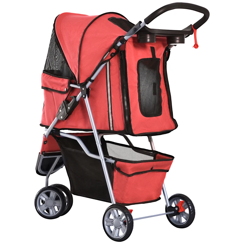 PawHut 3 Wheels Foldable Dog Stroller with Storage Basket, Adjustable Canopy, Cupholder for Miniature and Small Dogs, Red