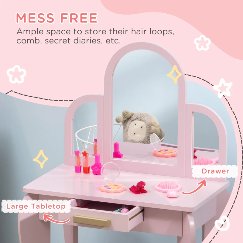 Qaba Kids Dressing Table and Chair Set, Girls Dressing Set, Makeup Desk with Drawer for 3-6 Years Old Kids, Pink
