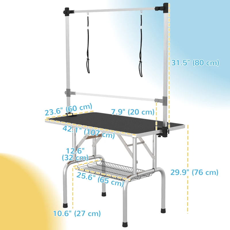 PawHut Adjustable Dog Grooming Table with 2 Safety Slings, Storage Basket, Black