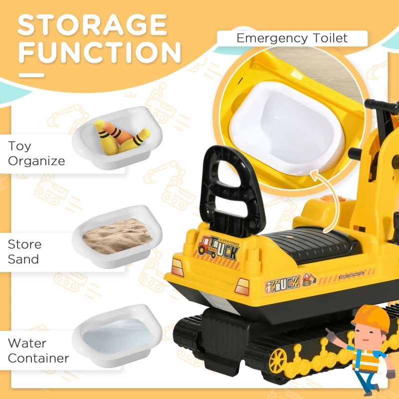 HOMCOM No Power Ride On Excavator Toy Tractors Digger Movable Scooter Walker Pretend Play Toddler Construction Truck Basket Storage For Boys Girls 18-48 Months Yellow Black