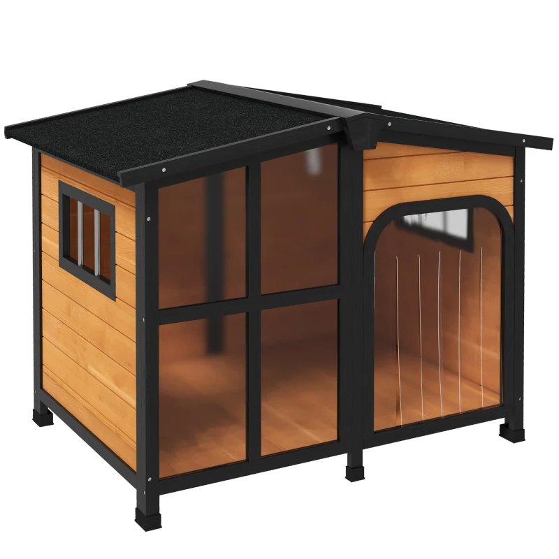 PawHut Cabin-Style Wooden Dog House for Large Dogs with Openable Roof & Giant Window, Yellow