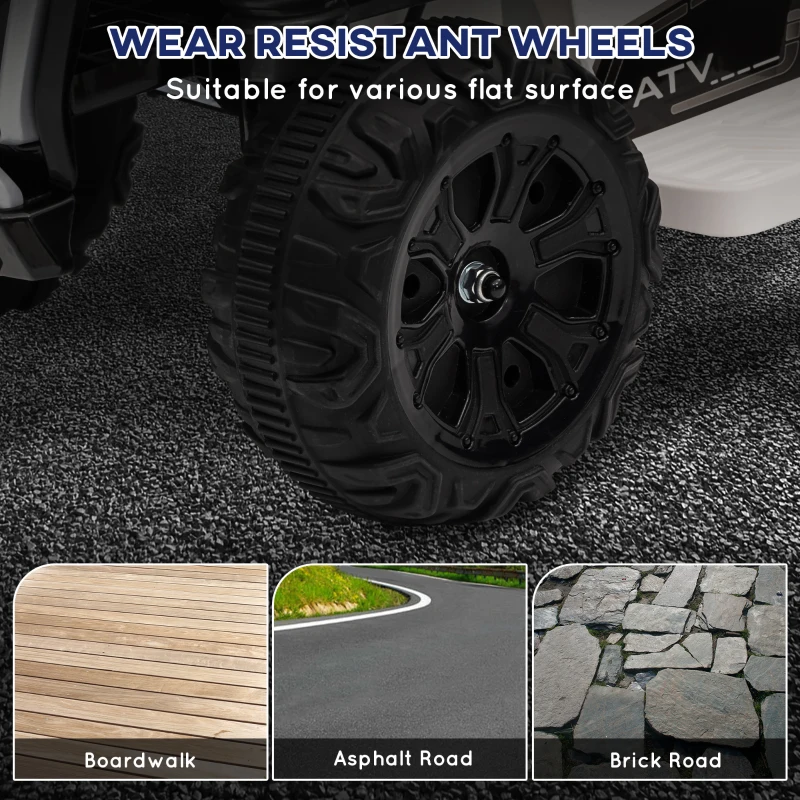 Qaba Kids ATV, 6V Battery Powered Electric Vehicle with Headlights, Music, Forward/Reverse Switch for 18-36 Months, White