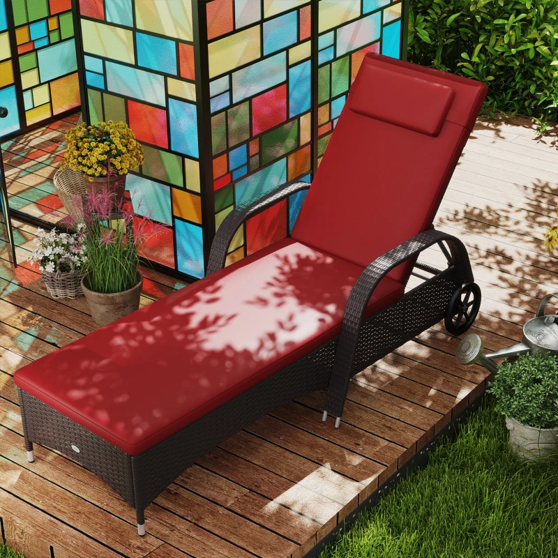 Outsunny Outdoor Lounger, Deck Lounge Chair with Headrest, 5-Level Adjustable, Backrest, Wheels, Deep Coffee and Wine Red