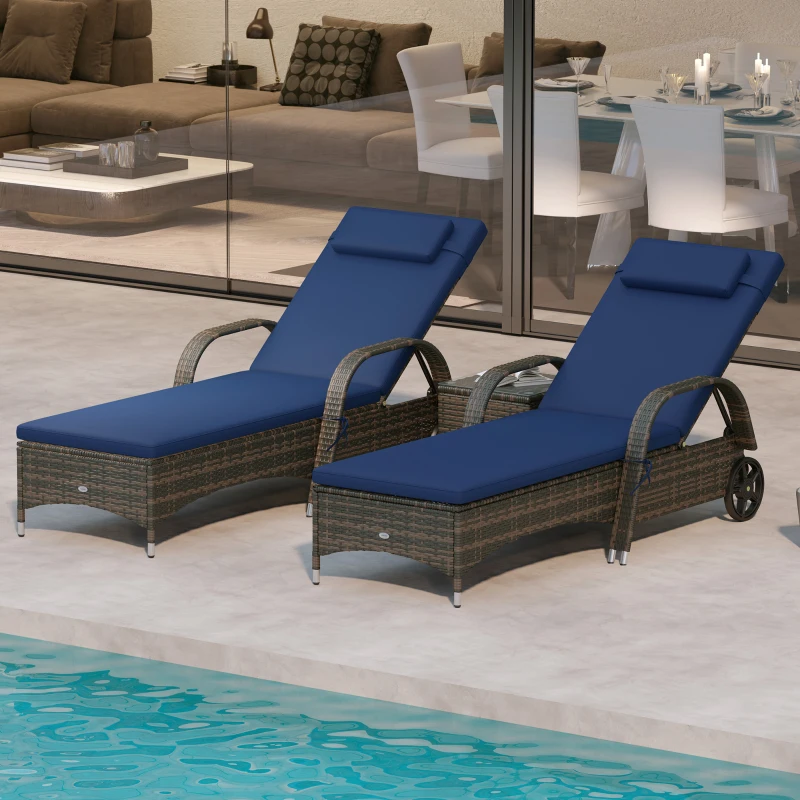 Outsunny Patio Wicker Chaise Lounge Chair Set of 2 with Table, Adjustable Backrest, Wheels, Cushion & Headrest, Dark Blue