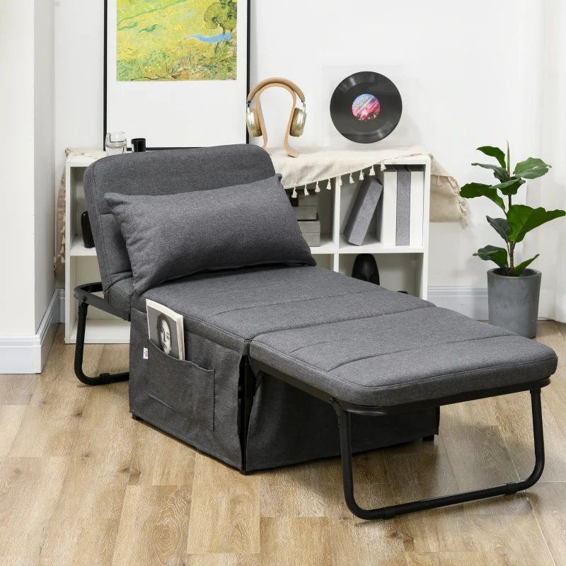 HOMCOM Folding Sofa Bed, 4-in-1 Multi-Function Sleeper Chair Bed Ottoman with Adjustable Backrest, Pillow, Side Pocket for Home Office, Bedroom, Living Room, Charcoal Gray