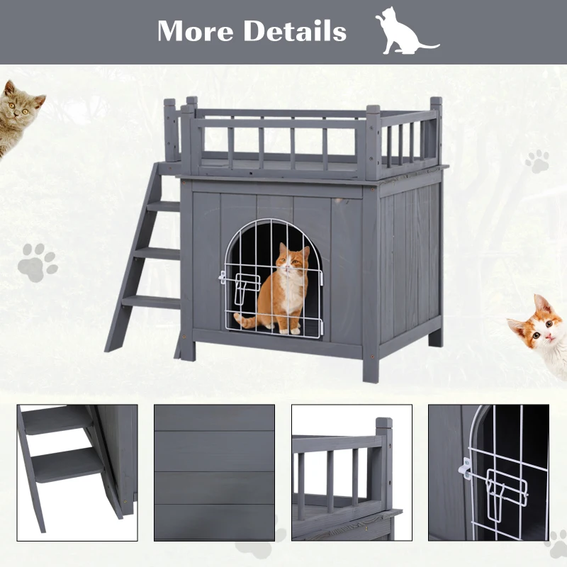 PawHut 2-Level Wooden Cat House, Outdoor Dog Shelter Cat Condo with Lockable Wire Door and Balcony, Gray