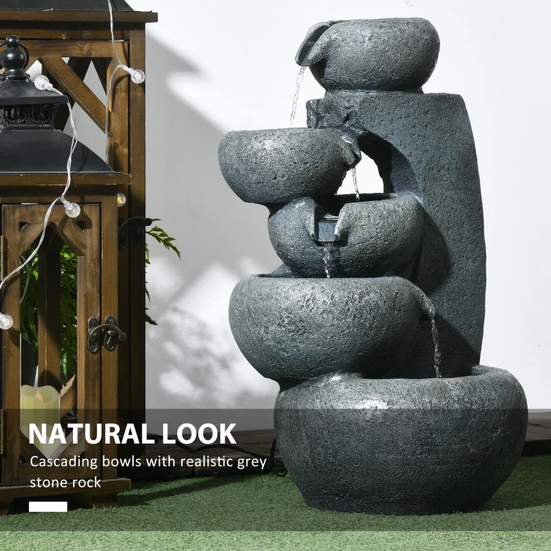 Outsunny 5-Tiered Cascading Bowls Outdoor Water Fountain with LED Lights, Adjustable Flow, 22-inch Resin Waterfall Fountain