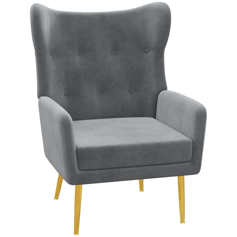 HOMCOM Fabric Wingback Armchair, Modern Accent Chair with Gold Metal Legs for Living Room, Bedroom, Home Office, Grey