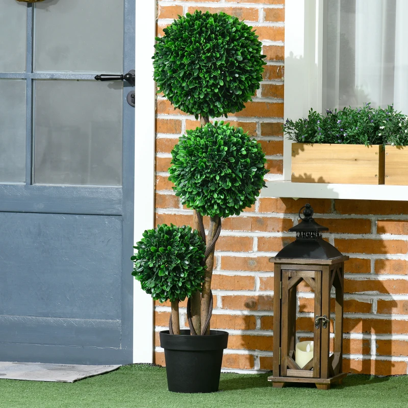 HOMCOM 3.5ft Artificial Tree, Triple Ball Boxwood Topiary with Pot and Sandalwood Leaves, for Indoor Outdoor Home