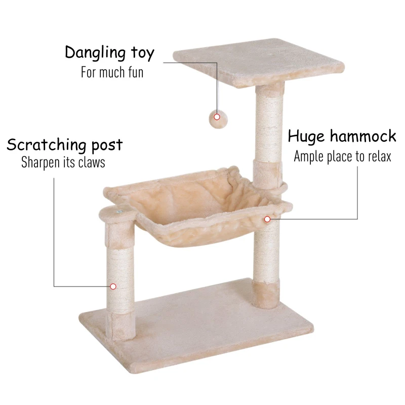 PawHut 27.5" Cat Tree Hammock with 3 Natural Sisal Scratching Post, Teasing Toy - Beige