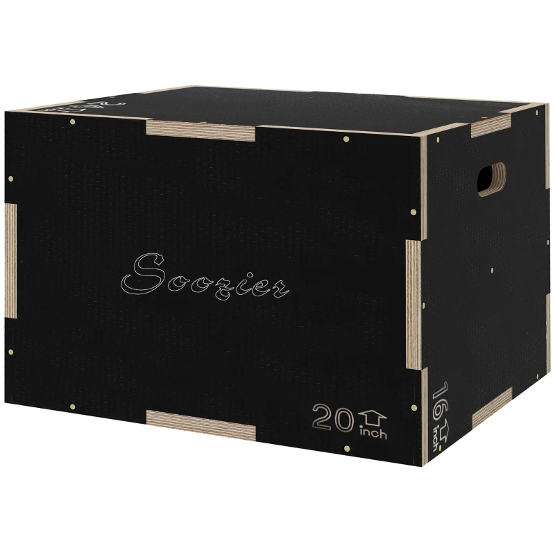 Soozier 24/20/16 In Wooden Plyometric Jump Box with Handle Openings for Home Gym Workout Training
