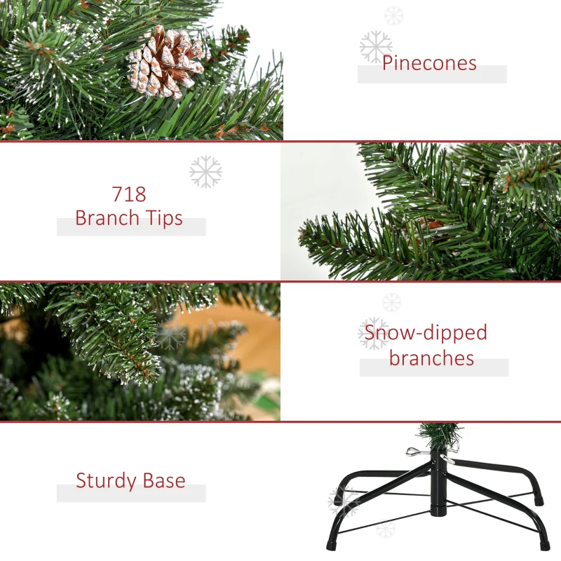 HOMCOM 6ft Unlit Snow-Dipped Fir Artificial Christmas Tree, Holiday Xmas Tree with Realistic Branches, Pine Cones and 718 Tips