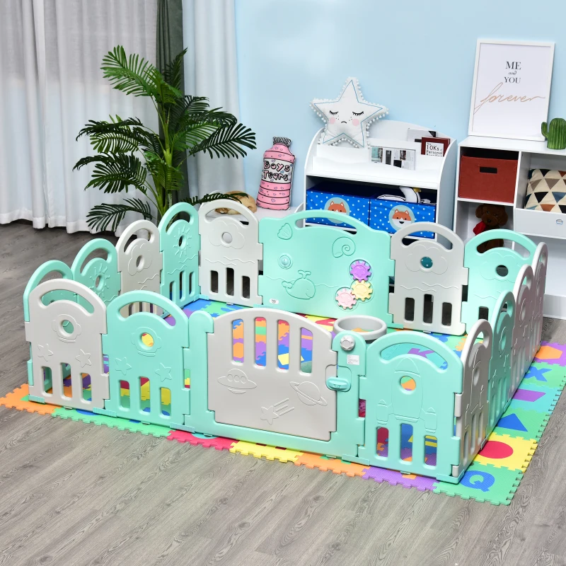 Qaba Baby Enclosure, 16 Panels Baby Playpen Baby Play Yard, Indoor & Outdoor Kids Activity Center, Green