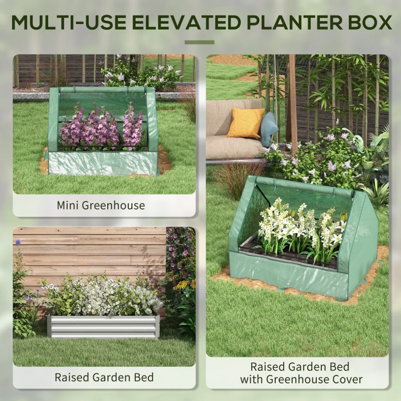 Outsunny Raised Garden Bed, Outdoor Metal Planter Box with Mini Greenhouse, Green and Silver