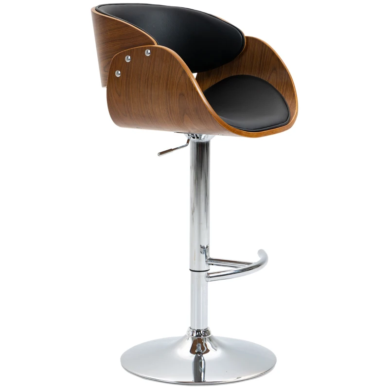 HOMCOM Modern Adjustable Bar Stool, Bentwood Bar Chair, PU Leather Swivel Barstool with Back, Footrest, Black and Walnut