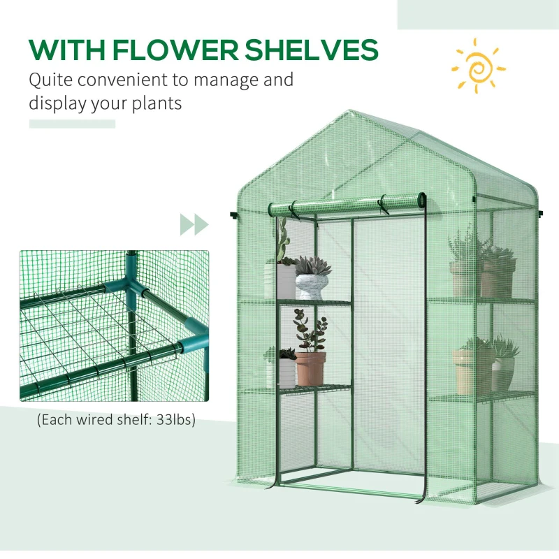 Outsunny 3-Tier Mini Greenhouse, Walk-in Greenhouse, Garden Hot House with 4 Shelves, Roll-Up Door and Weatherized Cover, 56" x 29" x 77", Dark Green