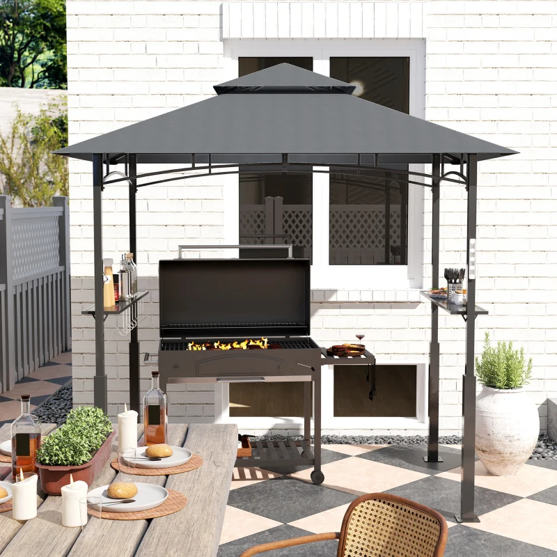 Outsunny 8' x 5' Grill Gazebo, Double Tiered BBQ Gazebo with LED Light, 2 Side Shelves, Hooks and Bottle Opener, Dark Grey