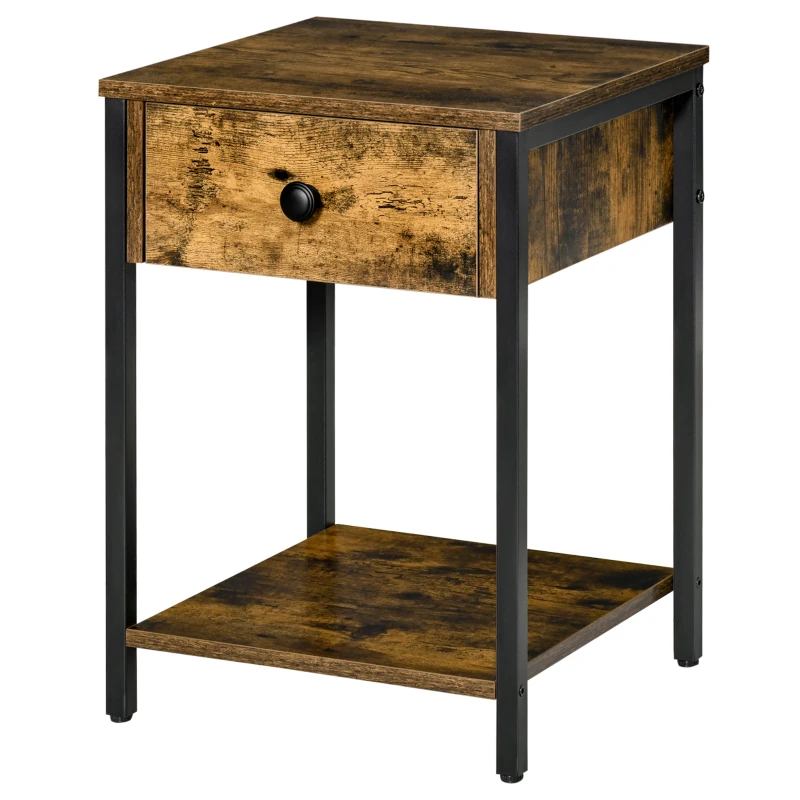 HOMCOM Industrial Side Table, End Table with Drawer and Storage Shelf for Living Room, Rustic Brown